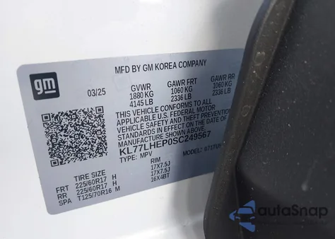 2025 Chevrolet Trax Fwd Lt z USA, uszkodzony, nr VIN KL77LHEP0SC249567